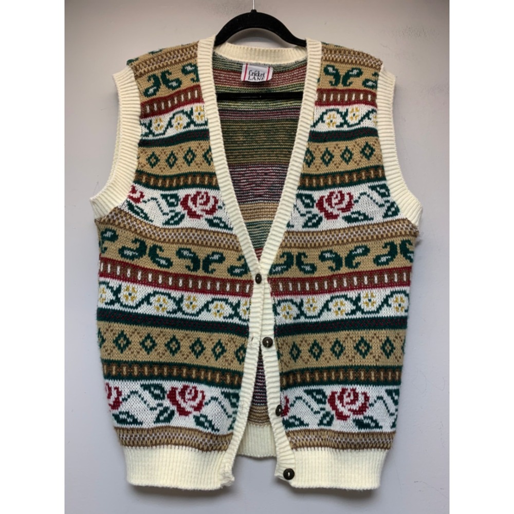 Cricket Lane Sweater Vest Women Large Cream Floral Fair Isle Excellent V-Neck